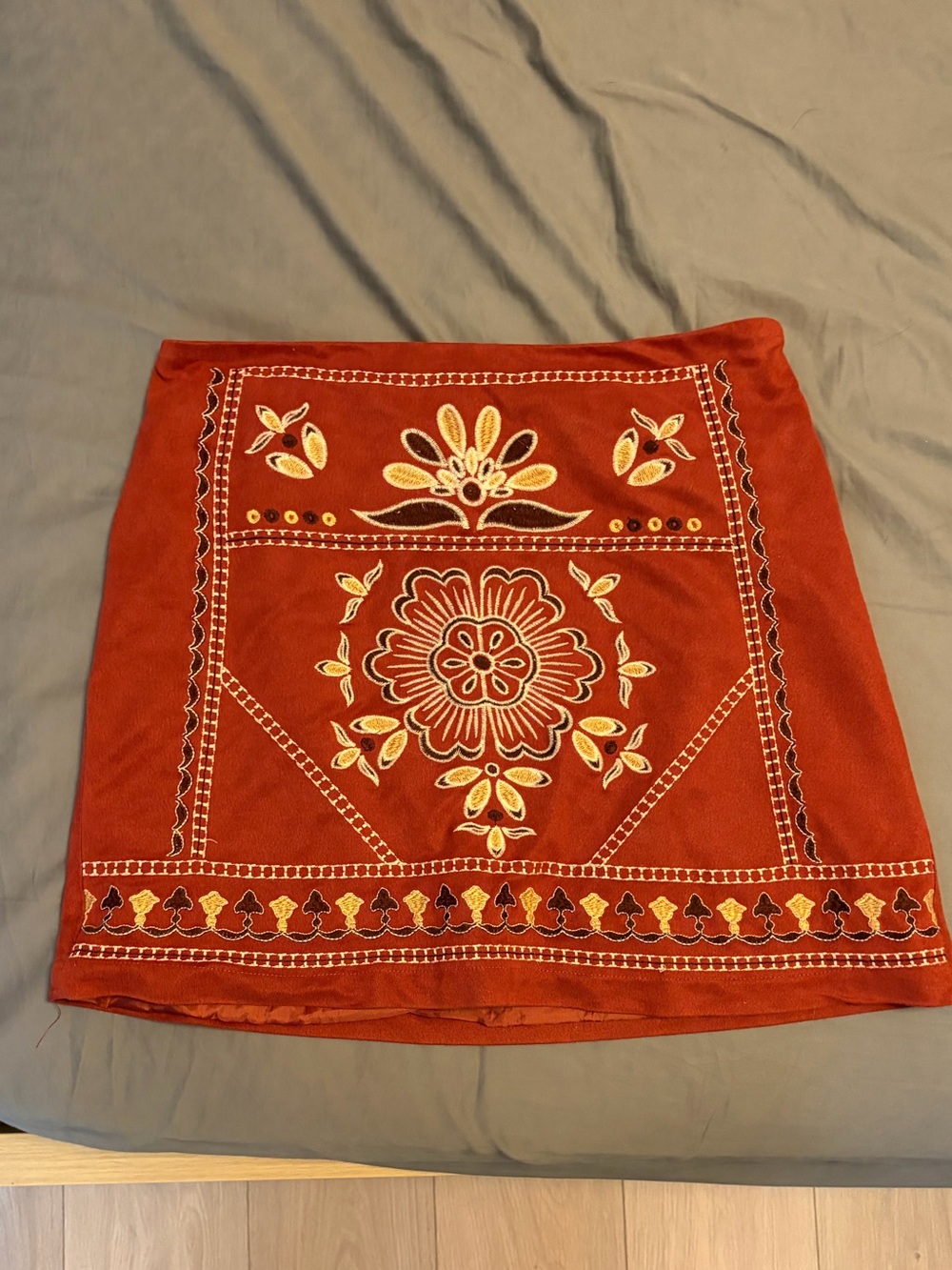 miami Rust Red Mini Skirt with Yellow & Cream Embroidery